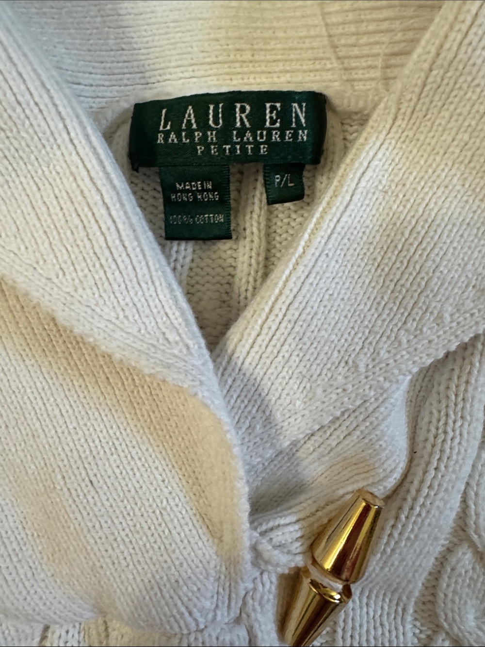 Ralph Lauren Ivory Cable Knit Shawl Collar Sweater with Toggle SZ LP - Picture 2 of 5
